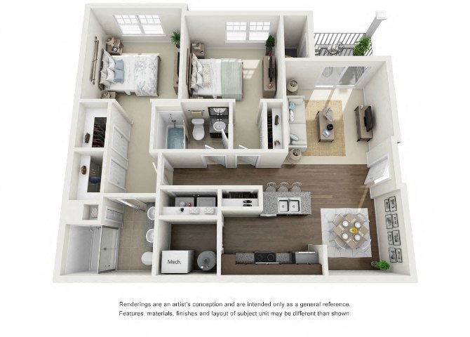 Floor plan for 2 beds, 2 baths, 1055 sqft
